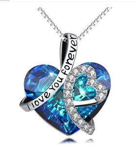 我爱你永远的不锈钢心脏吊坠项链与蓝色水晶项链女士母亲节珠宝礼物