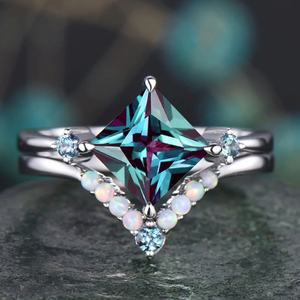 Fancy Sterling <b>Silver</b> Lab-Created Alexanderite Sparkle <b>Rings</b> Stackable Cut Wedding Engagement Anniversary Women's <b>Ring</b> <b>Sets</b> - Product Image 2