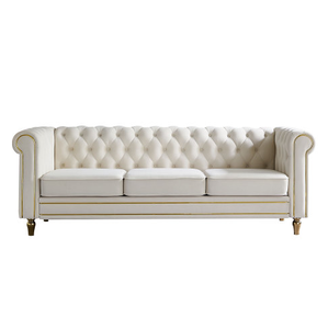 Modern 3-Seater Beige Velvet <b>Sofa</b> Comfortable Button Tufted Rolled Arms Square Shape Wooden <b>Legs</b> for Living Room Hotels Villas - Product Image 1