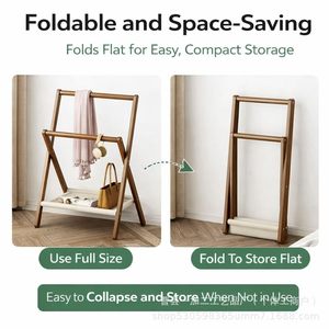 Clothing Organizer Foldable Wooden <b>Rack</b> With Canvas <b>Shelf</b> For Bedroom Storage - Product Image 4