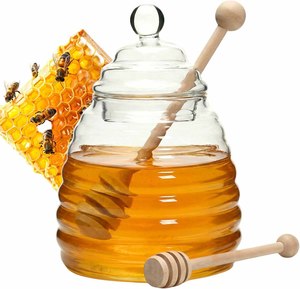 500 ml |   Distributeur et récipient à miel en verre borosilicate avec 2 cuillères en bois. Gouttes sans gouttelettes pour le thé, les toasts, le yaourt. - Product Image 1