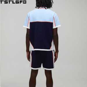 Cut And Sew Colorblock Polo Shorts <b>Set</b> Quarter Zip Contrast Piping Retro Sporty Two Piece Sweatset Wholesale Bulk - Product Image 4