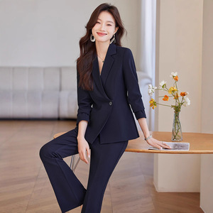 Women's Fitted Waist Suit Set Full Sleeve Spring Office Lady Anti-Wrinkle Professional <b>Work</b> Uniform Slit Jacket - Product Image 2