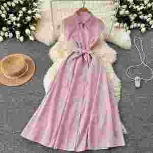 Vestido midi tipo túnica de verano para mujer, sin mangas, transpirable, tejido a rayas, corte ajustado, con encaje y flecos, estilo camisa con corte imperio. - Product Image 1