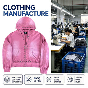 Sudadera con capucha pesada para hombre, rosa desgastado vintage, corta, con cremallera, con remaches metálicos, estilo streetwear, de marca personalizada - Product Image 1