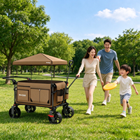 Chariot de camping pliable à quatre roues, chariot utilitaire en métal, imperméable, avec pare-soleil, poignée de poussée et de traction, pour la plage, le jardin, les courses