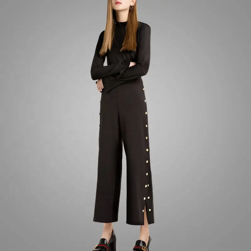 Hot Selling Hoge Waisted Zwarte Wijde Pijpen Broek Goud Drukknoop Sluiting Broek Voor Vrouwen Open Van Mid Been Down dame Broek