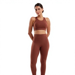 2 Piece Yoga Set High Waist <b>Leggings</b> Scoop Neck Racerback Sports Bra Seamless Solid <b>Brown</b> Full Length Workout Wear - Product Image 5