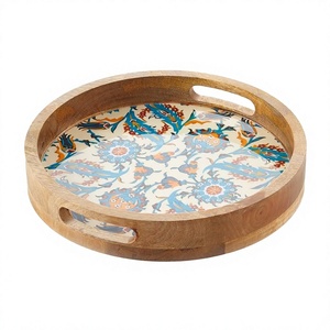 Rectangular Wood MDF Decorative <b>Tray</b> With Floral Pattern Blue And <b>Gold</b> Traditional Design Handle For <b>Serving</b> Or Display - Product Image 3