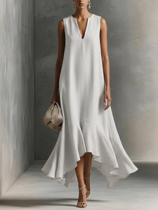 Nouvelle robe midi pour femmes, robe sans manches à col en V avec ourlet asymétrique à volants, robe élégante et fluide pour le bureau et les occasions formelles - Product Image 1