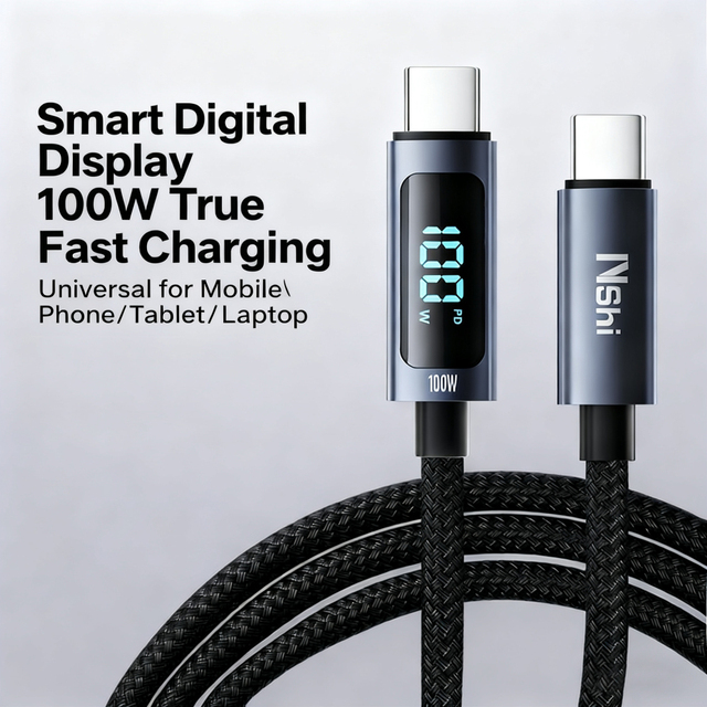 Hot Design Black Nylon Braided 1M 480Mbps Digital Display Type-C 5A PD100W Fast Charging Cable for IOS/Laptop/Tablet/Phone