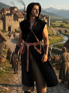 Ensemble de costumes médiévaux Renaissance pour hommes - 4 pièces : Surchemise sans manches à capuche style Viking, tenue de cosplay pour foires Renaissance et Halloween - Product Image 2