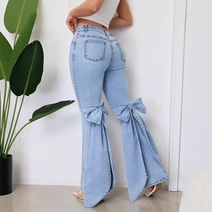 Jeans acampanados elásticos con lazo para mujer, pantalones vaqueros de pierna ancha de cintura alta en azul claro, estilo urbano de moda para verano - Product Image 6