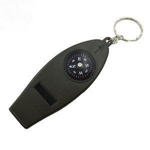 Sifflet de survie d'extérieur 4-en-1 avec boussole, loupe et thermomètre – Équipement compact d'urgence en plastique gris avec porte-clés - Product Image 1