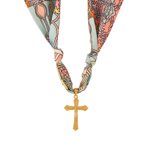 Kalung Syal Sutra Wanita Asu Trendy Bermotif Warna-warni dengan Liontin Salib Emas - Product Image 5