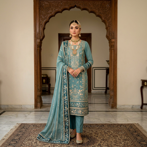 Robe Anarkali longue en soie turquoise traditionnelle indienne et pakistanaise pour femmes avec dupatta, tenue de mariage - Product Image 1