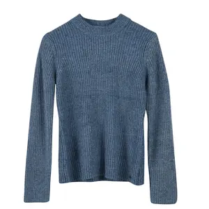 Custom 100% Cotton Casual Long Sleeve Dusty Blue Plain Men Round Neck Knit Pullovers Sweater