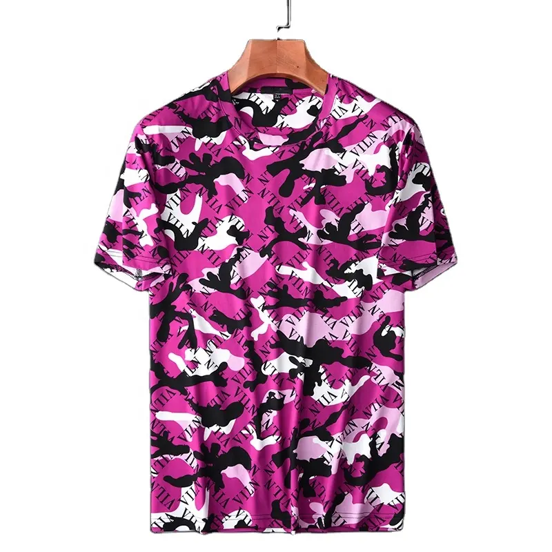 Custom Hot Sell Camouflage Print Slim Fit Short Sleeve Streetwear tshirts Men O Neck Mercerized Cotton Purple Top T Shirts