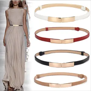 2021Amazon hot sale Women Belt Thin Skinny Metal Gold Elastic Waistband PU Leather Waist Belt