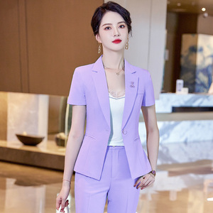Women's Short Sleeve Blazer Suit Set Purple Formal Workwear For Office Commute And Interviews Anti Wrinkle Worsted Fabric - Product Image 1