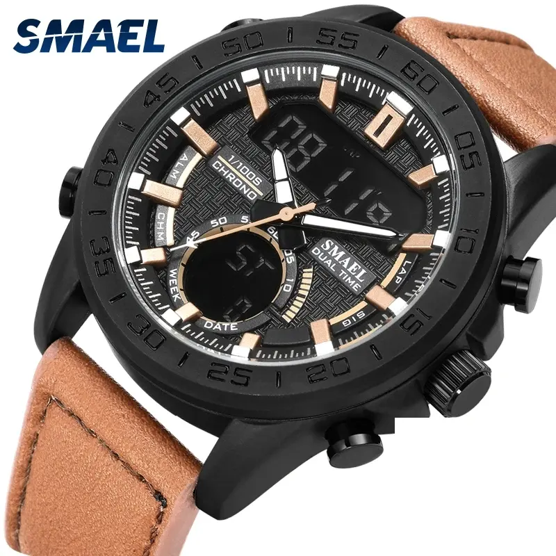 Smael 1407 LEDデジタルディスプレイクォーツアナログルミナスハンド腕時計30メートルの深さ防水レザーメンズクロックLEDストップウォッチ
