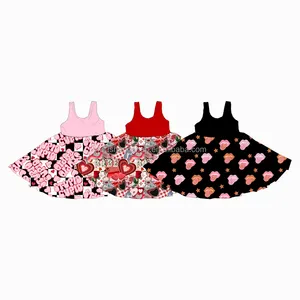 Op Maat Gemaakte Oem Valentijnsdag Patroonprint Kids Effen Kleur Vest Jurken Baby Meisjes Mode Geribbeld Casual Twirl Jurk