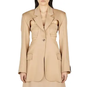 Latest fashion notch lapel single button exposed bra cut out blazer sexy elegant women formal jacket pad shoulder blazer