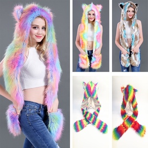 SOLPOP Gorro de Felpa de Animales de Peluche para Carnaval, Bufanda, Guantes, Accesorios para Fiestas Rave, Sudadera con Capucha de Orejeras de Peluche Colorida Arcoíris para Mujer con Orejas de Patas - Product Image 1