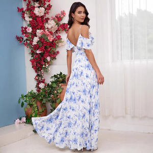 Vestido Casual de Verano con Estampado Floral, Hombros Descubiertos, Cintura Imperio, Transpirable, para Ocio - Product Image 4