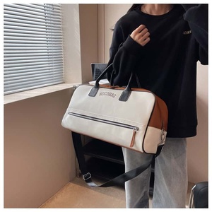 Sac de voyage unisexe en PU multifonctionnel, sac de week-end, sangle réglable, grande capacité, fermeture à glissière, beige noir - Product Image 5
