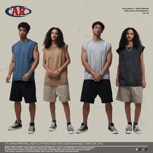 Wasteland Style Vest Dirty Wash 100% algodón 275G Frayed Edge Chaleco deportivo de alta calidad para hombres Camisa sin mangas - Product Image 1