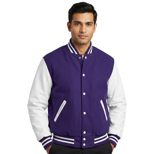 Men's Custom Chenille Embroidery <b>Leather</b> Sleeve Baseball Letterman <b>Jacket</b> with Stand Collar Varsity <b>Jacket</b> <b>Long</b> Clothing Length - Product Image 1