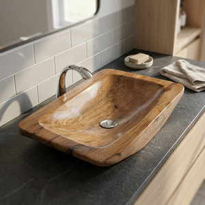 Lavabo en bois et résine époxy fait main – Évier de salle de bain en bois naturel avec style moderne - Product Image 6