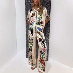 Ropa de mujer a la moda, estilo europeo y americano, novedad de primavera, conjunto retro con estampado, top informal con solapa y pantalones anchos. - Product Image 3