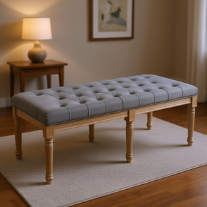 Panca Ottomana Imbottita in Tessuto Grigio con Design Trapuntato e Gambe in Legno di Gomma per Soggiorno, Camera da Letto e Corridoio - Product Image 2