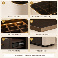Armoire à bijoux en cuir crème, directement de l'usine, avec dessus en verre trempé fumé, éclairage LED et rangement écologique