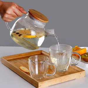 CnGlass Stovetop Safe Glass Teapot Heat Resistant Glass Pitcher 900ml Borosilicate Glass Water Jug With Bamboo Lid
