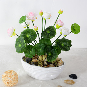 Fleur de lotus rouge artificielle, <span class=keywords><strong>faux</strong></span> lys d'eau avec feuille de lotus, décoration zen pour la maison, bonsaï de table, vente en gros - Product Image 5