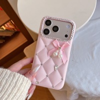 Coque de téléphone antidérapante de luxe à motif quadrillé diamanté, ornée de nœuds et de perles, compatible avec iPhone 17/18 Pro Max