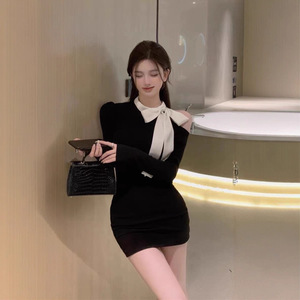 French Style Black Knit Dress With Bow Off Shoulder Slim Fit Bodycon A Line Skirt Autumn Women's Sweater Dress - Product Image 3