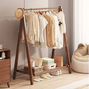 Solid Wood <b>Clothes</b> <b>Rack</b> Floor Standing Bedroom Coat <b>Rack</b> Wooden Hanger Indoor Storage Organizer Single Bar Rectangle Fixed Style - Product Image 1
