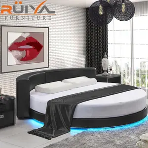 factory direct sale synthetic Leather king size round bed set with romantic LED Light