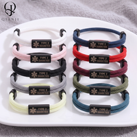 Bracelet pour diabétiques de type 2 en acier inoxydable noir gravé avec double cordon en nylon pour hommes et femmes