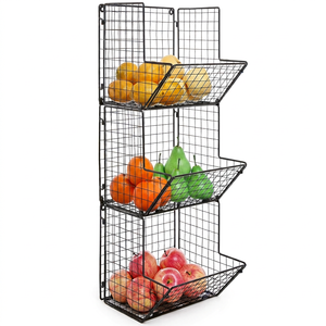 Étagère de rangement à 3 niveaux en fil métallique noir pour fruits et légumes, organisateur de comptoir de cuisine et de garde-manger, panier suspendu empilable - Product Image 1