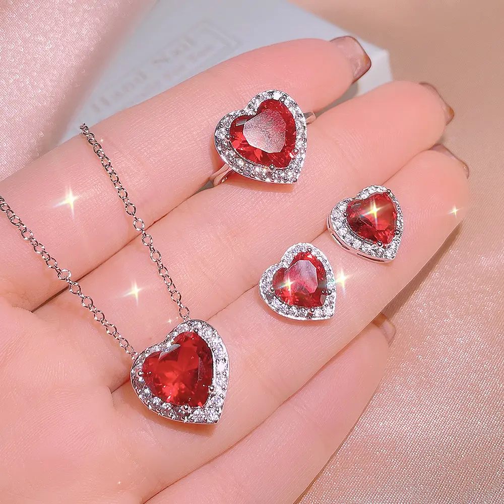 3pcs/set Fashion Elegant Stone Claw Setting Heart Red Diamond Zircon Wedding Dress Bridal Necklace Earrings Ring Jewelry Set