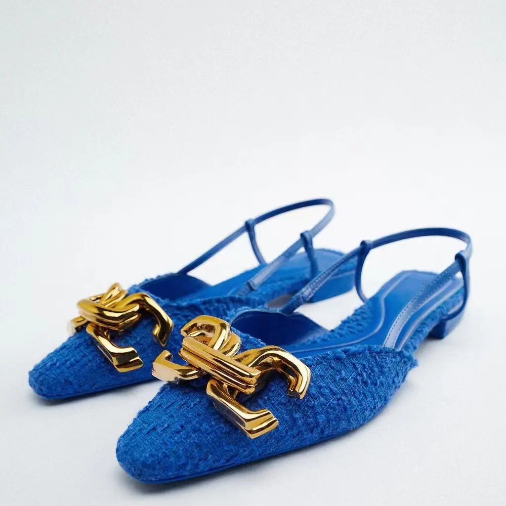 Gold Metal Buckle Slingback Loafer Flat Pumps Dress Female Office Royal Blue Shoes for Women