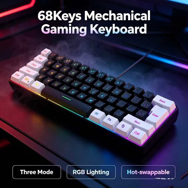 Hot Sell 3-Mode 68 Keys RGB Mechanical Gaming Keyboard Hot Swappable Red Switch 2000mAh Battery Compatible with Windows MAC