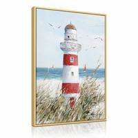Impression sur toile encadrée or, art mural Impasto, paysage côtier, phare, impressionniste, rouge et blanc, herbe de plage, voilier, océan, luxe