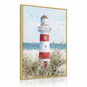 Cuadro enmarcado en oro con <span class=keywords><strong>faro</strong></span>, arte impasto para pared, paisaje costero, impresión en lienzo, impresionista, rojo, blanco, playa, hierba, velero, océano, lujo - Product Image 2