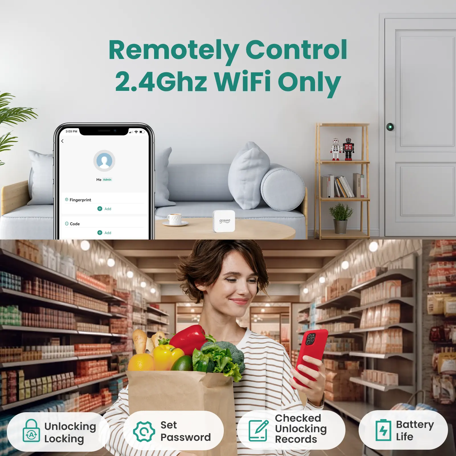 Wi-Fi Tuya ağ geçidi Gosund App ile uzaktan kumanda akıllı parmak izi kapı kilit